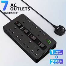 10 In One Power Strip Lightning Protection Device, Compact Design, 3250W 13A AC Socket, Including 7 AC Sockets And 3 USB Ports, With 4 Independent Switches, Portable British Standard Plug, Suitable For Home, Kitchen, Office Or Hotel Use - Ver 1
