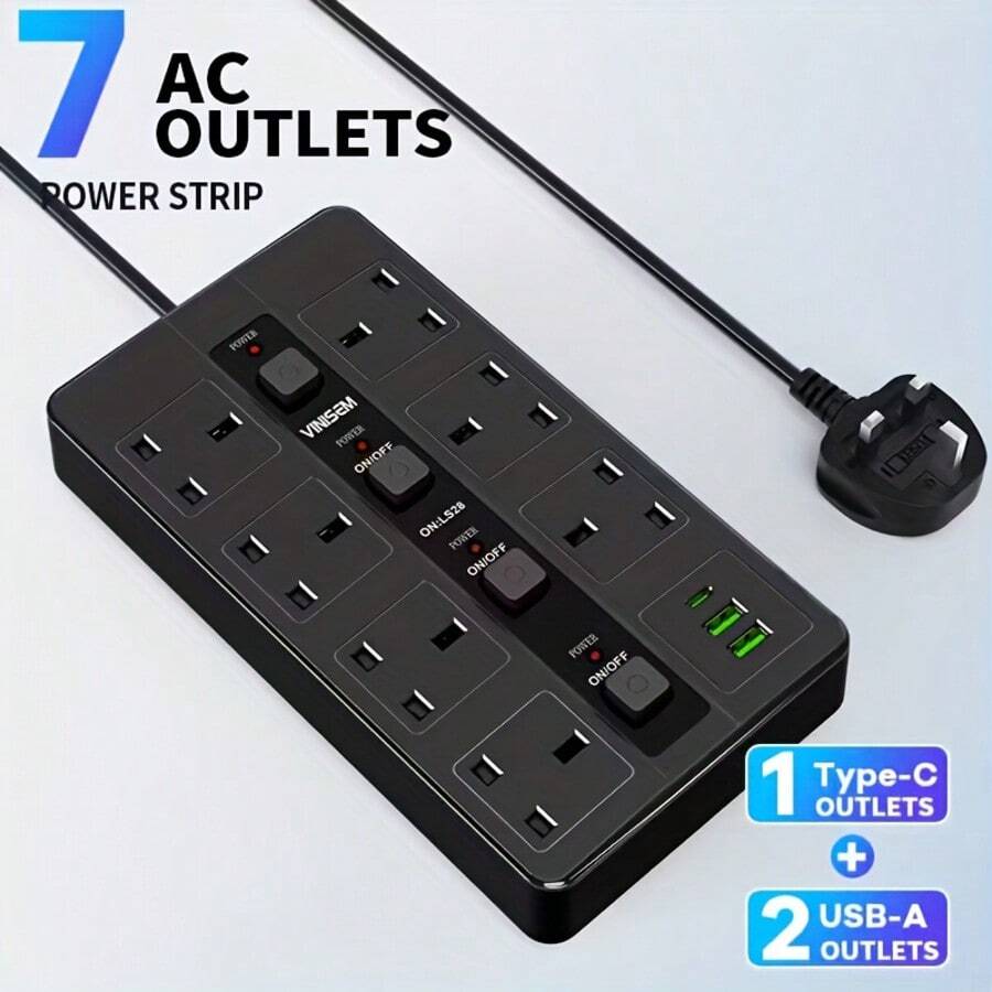 10 In One Power Strip Lightning Protection Device, Compact Design, 3250W 13A AC Socket, Including 7 AC Sockets And 3 USB Ports, With 4 Independent Switches, Portable British Standard Plug, Suitable For Home, Kitchen, Office Or Hotel Use - Ver 1