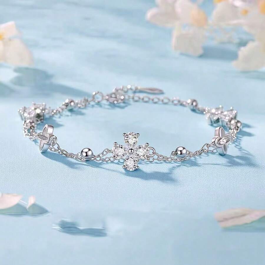 925 Sterling Silver Four-Leaf Flower Bracelets For Women Luxury Original Double Layer Sparking Zirconia Bracelet Party Jewelry