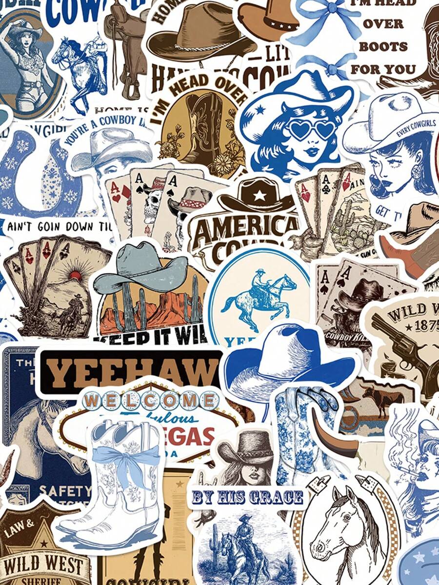 SCXXBSW 50pcs Blue Brown Cowboy Creative Cartoon PVC Stickers Suitable For Handbooks, Phone Cases, Laptops, Computers, Luggage, Refrigerator Decoration