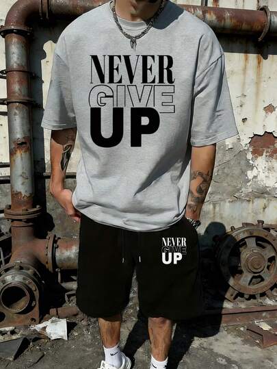 男士休闲百搭英文标语印花短袖T恤短裤套装（2件套），春夏款