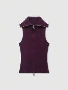 Women's Zip-Up Ribbed Casual Knit Vest - Burgundy - View 1