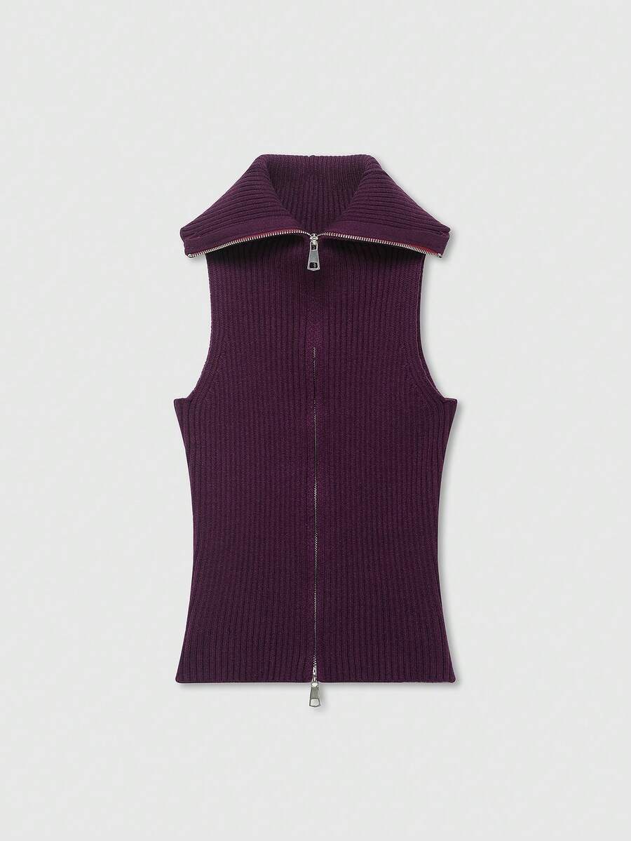 Women's Zip-Up Ribbed Casual Knit Vest - Burgundy - View 1