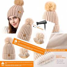 REDESS Womens Winter Knitted Beanie Hat Warm Fleece Lined With Pompom Cap Thick Slouchy Snow Knit Skull Ski Cap - Màu be - Xem 1