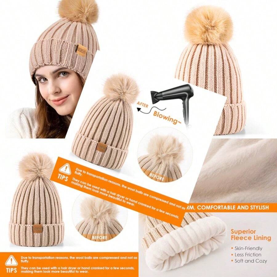 REDESS Womens Winter Knitted Beanie Hat Warm Fleece Lined With Pompom Cap Thick Slouchy Snow Knit Skull Ski Cap - Màu be - Xem 1