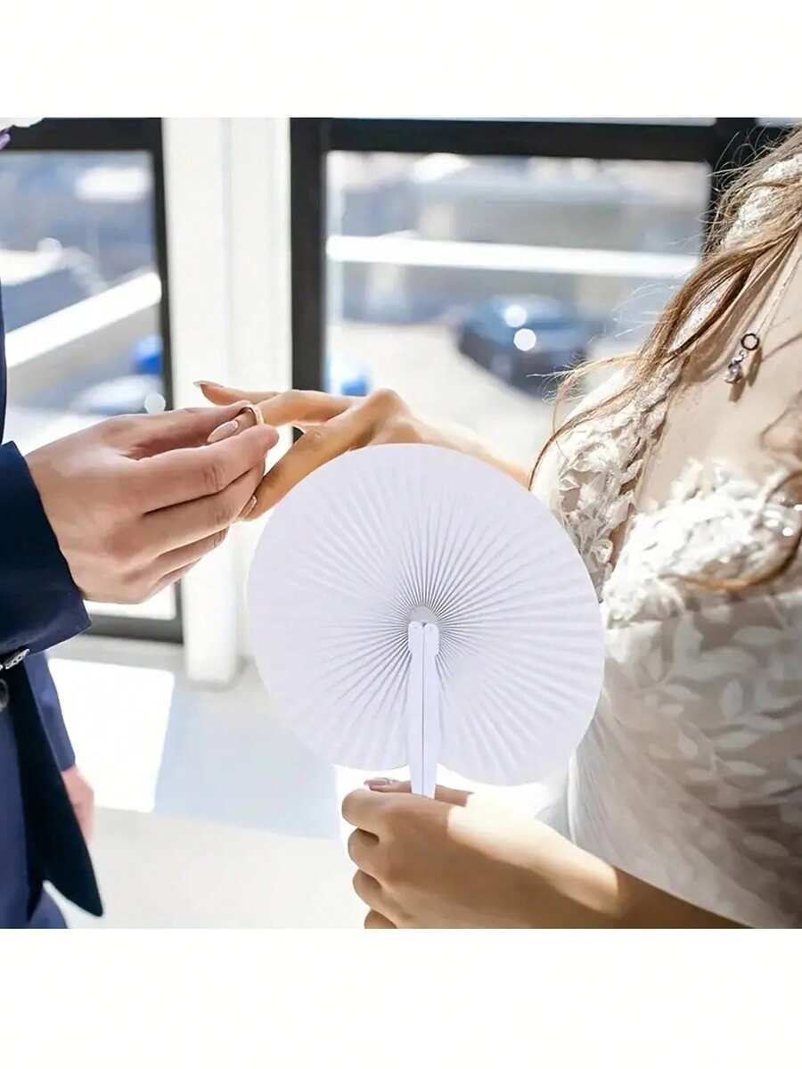 10/30/50支装白色圆形折扇,婚礼用品扇子,手持折扇,白色纸折扇,圆形扇子,纸折扇 - 白色 - 查看 1