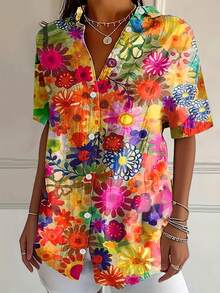 Vintage Floral Art Print Women's Plus Size Button-Up Short Sleeve Hawaiian Shirt - Màu hỗn hợp - Xem 2