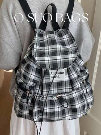 1个时尚格子多口袋尼龙休闲背包，防水、轻便、可折叠、抽绳、字母贴片、旅行包