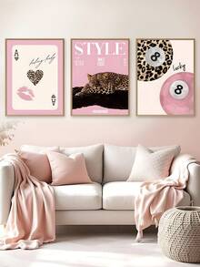 3 piezas Cuadros de arte de pared con estampado de leopardo y guepardo, impresiones de bolas de billar con suerte, pinturas en lienzo de estilo rosa femenino, decoración de lujo y estética, arte de pared de leopardo rosa para dormitorio de niña, apartamento, dormitorio, decoración de sala de estar, oficina, cocina, arte de pared, decoración de pared, decoración del hogar, decoración de habitación, arte en lienzo, carteles, arte de pared con marco, marco opcional - Multicolor - Ver 4
