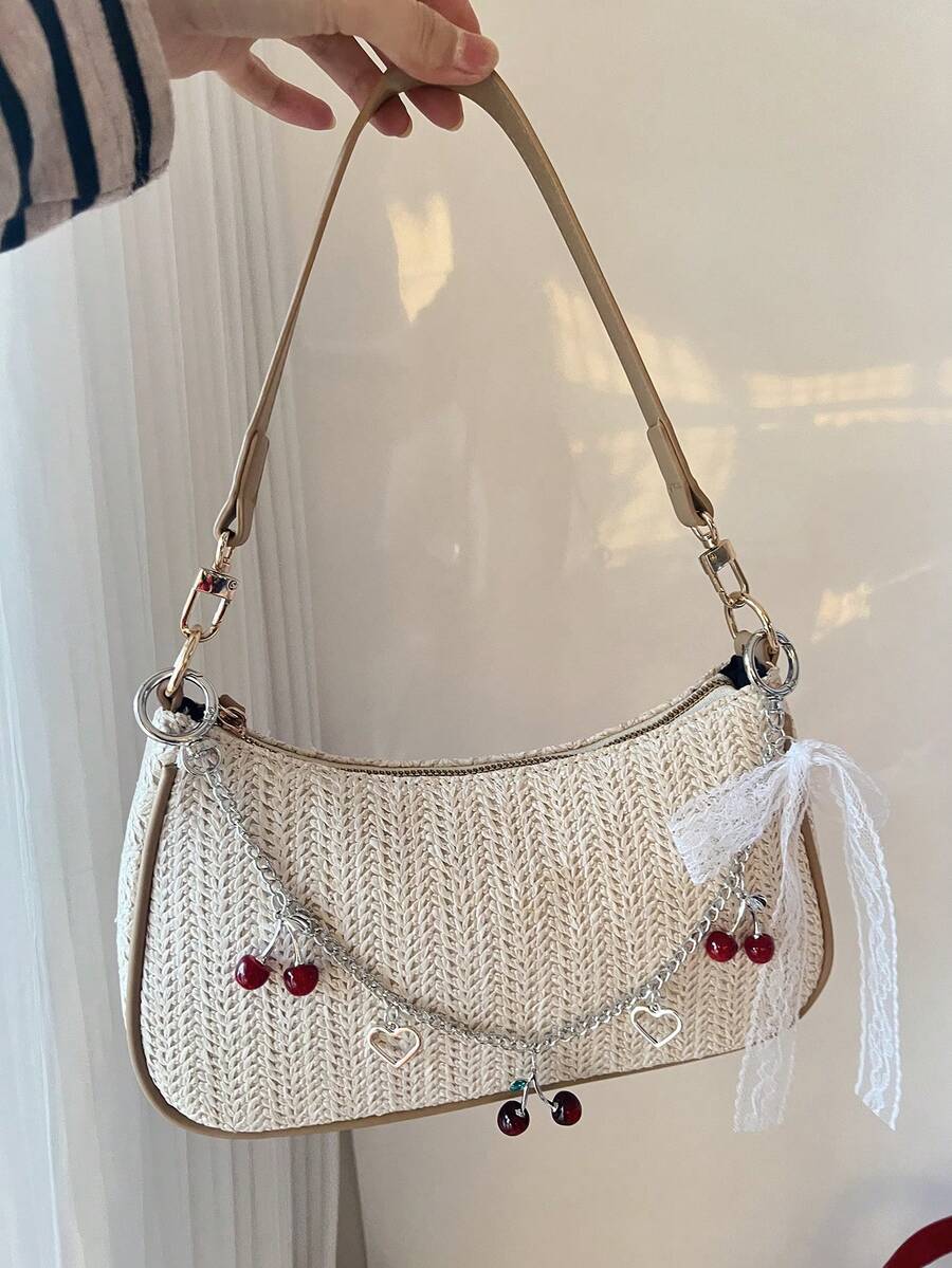 法式编织草编包，独特设计链条单肩包，饰有可爱樱桃图案，Y2K 新月形单肩/腋下包 - 白色 - 查看 1