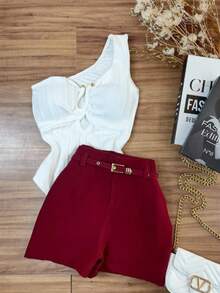 Women's Tailored Shorts With Belt And Pocket - Board - View 2