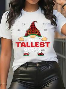 T-shirt grafica a tema natalizio da donna, con stampa "Il Gnomo più Alto", collo a giro, maniche corte, casual, adatta per feste natalizie - Bianco - Visualizzare 6