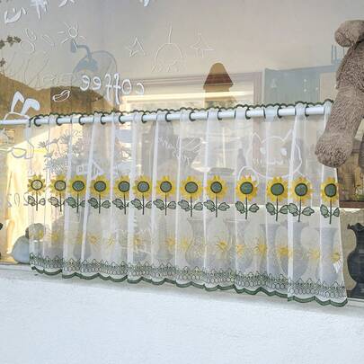 1件新款棉质刺绣印花格子向日葵厨房短窗帘，小窗帘，适用于别墅、农舍、酒店、超市、咖啡馆装饰，无需打孔即可安装。