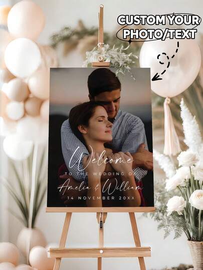 1pc Customized Wedding Welcome Poster - Personalized Photo & Text Printing, Modern Reception Wall Decor, Suitable For Wedding Entrance, Ceremony Decoration, Photo Backdrop And Special Events