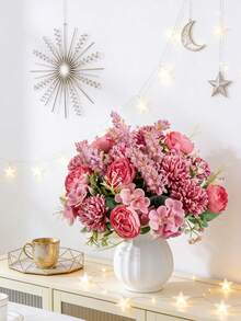 1 pièce/3 pièces Bouquet de fleurs artificielles mélangées de rose, d'hortensia et de pivoine, décoration de mariage et de mariée, matériaux pour couronnes DIY, décoration de fête d'anniversaire, décoration de la maison, remplissage de vase, jardin extérieur, toutes saisons, cadeau du Nouvel An - Rose vif - Voir 5