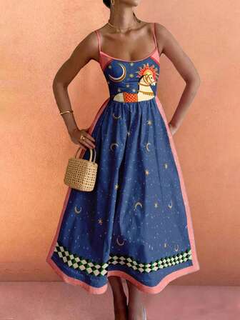 Vestido de verano de estilo elegante y casual para vacaciones con diseño de estrella de mar, galaxia y caballo blanco con patrón de rombos, sin mangas, con tirantes finos y espalda descubierta, de largo medio