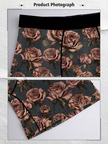 1-Pack Of Novelty Men's Shorts, Valentine's Day Creative Retro Rose Print Shorts, Dark Rose Men's Boxer Shorts, Knitted Fabric, Breathable And Sweat-Wicking, Soft And Skin-Friendly. Perfect Valentine's Day Gift For Boyfriends. Naughty And Cute, Perfect For Casual Home Wear. - Multicolor - View 8