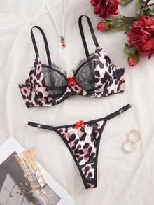 2 Peças Conjunto de Lingerie Sexy com Estampa de Leopardo, Renda e Laço Contrastante, Charme Maduro com Sutiã com Aro e Tanga Combinando, Adequado para Festa, Festival de Música, Passeios, Natal e Dia dos Namorados
