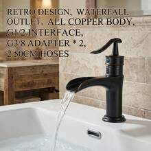 حنفية حوض الحمام الديكورية من البرونز الأسود، صنبور الشلال، جسم من النحاس، تحكم مزدوج في الحرارة والبرودة، صنبور حوض فاخر عصري رجعي، واجهة G1/2، مع 2 خرطوم 60 سم، 2 محول G3/8 - اليد الثانية - مشاهدة 2