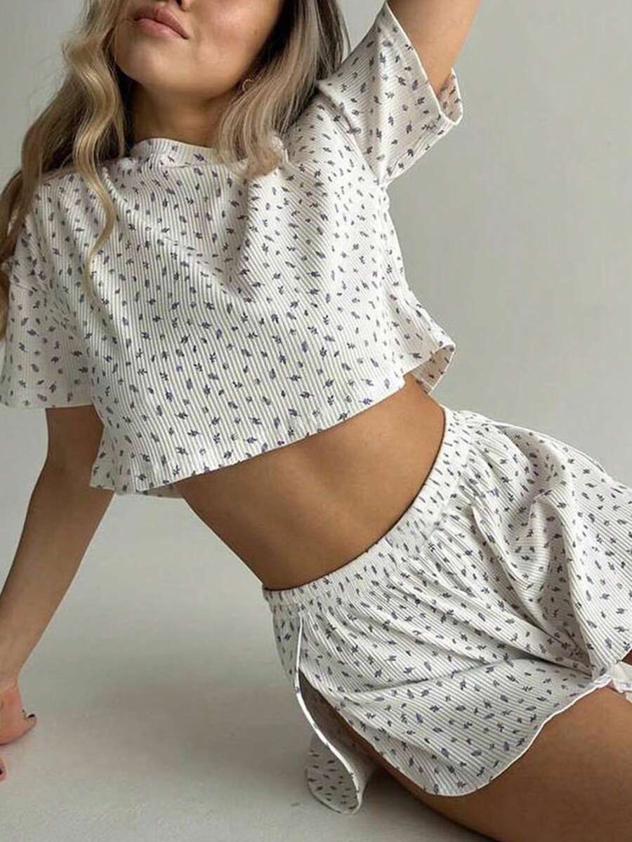 女士印花上衣和侧开衩短裤两件套家居服套装 - 白色 - 查看 1