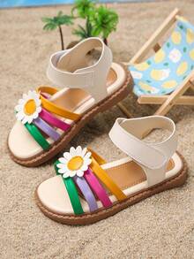 1 Pair Girls' New Summer Daisy Flat Sandals, PU Leather Material, Hook And Loop Strap, Easy On/Off, Suitable For Daily Wear, Beach, Party And Gathering - Multicolor - View 5