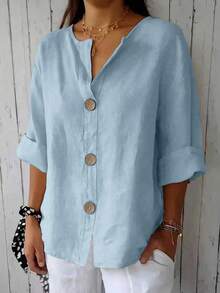 Plus Size Women's Solid Color Front Button Shirt Spring - Baby Blue - View 2