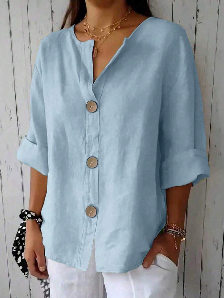 Plus Size Women's Solid Color Front Button Shirt Spring
