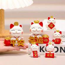 1pc Mini Cute Maneki-Neko (Beckoning Cat) Figurine, Resin Material, Mini Animal Decor, Perfect For Decorating Plants, Cars, Landscapes, Office Desks, Shops, Feng Shui Gift, Home & Business Gift, Birthday Gift, Wealth Attracting Ornament, New Year Gift - Multicolor - View 4