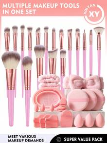 38PCS Makeup Tools Set Including:18PCS Makeup Brush Set+3PCS Makeup Sponges+3PCS Mini Makeup Sponges+3PCS Air Cushion Powder Puff+3PCS Mini Air Cushion Powder Puffs+1pc Hairband+2PCS Hand Bowl Strap+2PCS Makeup Brush Cleaning Tools+3PCS Circular Powder Puffs,Giveaways,Professional Makeup Brushes,Complete Makeup Set - Pink - View 10