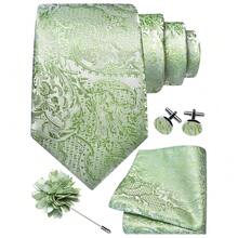 GUSLESON 8cm Paisley Tie Set For Men Necktie Lapel Pin Pocket Square Cufflinks Set For Men,SageGreen - SageGreen - View 1