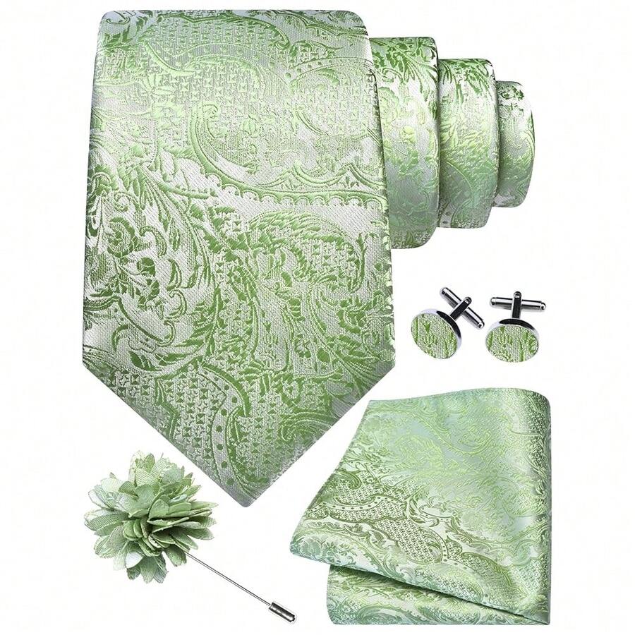 GUSLESON 8cm Paisley Tie Set For Men Necktie Lapel Pin Pocket Square Cufflinks Set For Men,SageGreen - SageGreen - View 1