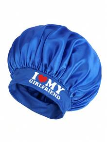 Couple's Black Wide-Brim Satin Printed Bucket Hat, Printed With "I Love My Girlfriend/Boyfriend" - Blue - View 20