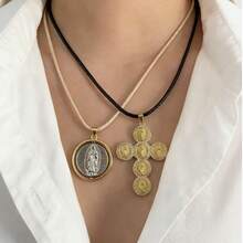 一件式圣母蜡绳项链 - 镶钻十字架多奖章 + 圆形奖章吊坠，宗教风格叠戴项链，适合女士日常佩戴。 - 蠟繩宗教項鍊 - 查看 1