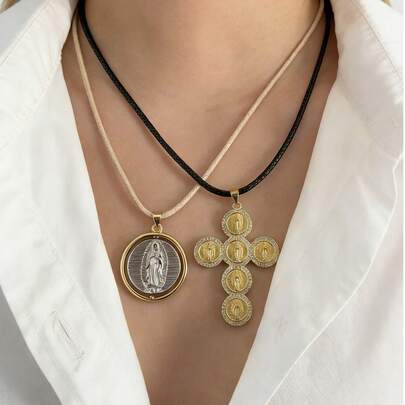 One Piece Our Lady Wax Cord Necklace - Diamond-Studded Cross Multi-Medal + Round Medal Pendants, Religious Style Layering Neckwear,Suitable For Ladies To Wear Daily.