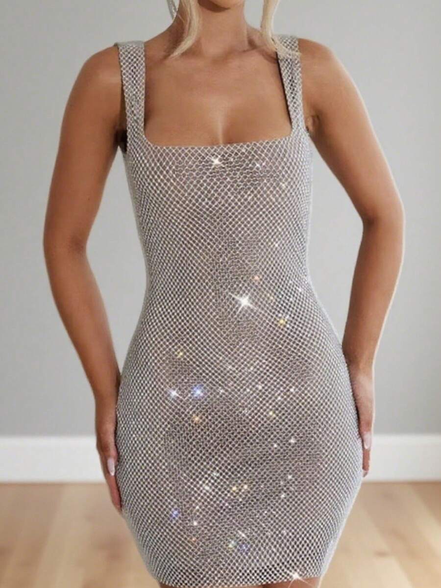 Temperament  Diamond Solid Color Suspender Feel Open Back Sleeveless Generous Waist Dress Elegant Party Dinner Dress Skirt - 銀色 - 查看 1