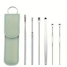 6pcs Stainless Steel Ear Pick Set - Ear Wax Removal Tool, Ear Cleaning Tool, Earwax Removal Set, Portable Storage Leather Case - For Men & Women - Suitable For Travel & Business - Perfect Gift For Hygiene - 綠色 - 查看 11