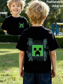 男童极简卡通机器人图案圆领短袖T恤，新款夏季男童服装