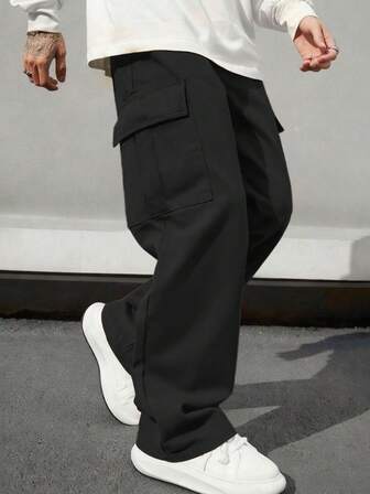 1pc Plus Size Men's Multi-Pocket Solid Color Cargo Pants, Casual Loose Lightweight Trousers For Spring/Autumn, Beach/Vacation, Daily Commute, Workout, Outdoor, Streetstyle, Fitness, Jogging, Hiking, Fall