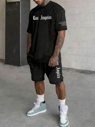 男士休闲百搭英文短语及元素印花短袖T恤和短裤套装（2件套），春夏款