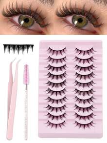 10对娃娃般自然的假睫毛套装，含睫毛刷和睫毛夹 - 柔软黑色睫毛带，卡通风格假睫毛，仙女般的设计，完美适用于角色扮演 - 可重复使用，妆效自然，条状假睫毛，假睫毛，睫毛，仿睫毛，睫毛夹，假睫毛，磁性假睫毛，睫毛夹 - 自然纖長款 - 查看 4
