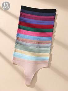 14 Pieces Of Women's Underwear Low Waisted Cotton Thong - Soft And Breathable V-Shaped Pants, Solid Color Simple Women's Underwear, Tangas Para Mujer, 14 Solid Color XS-XL Sizes To Choose From, Ropa Interior Mujer,Ribbed Elastic Comfortable Non Transparent Casual Wear, Daily Essential, Fashionable Style, Soft And Breathable, Modern Women's - 彩色 - 查看 13