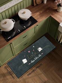 1 tấm thảm bếp bằng gel silica, màu nền xanh đậm với hình mèo hoạt hình dễ thương, cá hồng, trái tim hồng trắng, đường kẻ vàng mô phỏng mèo trêu chọc, dòng chữ "Happy Every Day", chủ đề mèo vui nhộn và thư giãn, thảm bếp sang trọng và thời trang, chống mỏi chân. - Nhiều màu - Xem 12