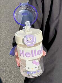 1pc 500ml Sanrio Straw Water Bottle With Cute Leak-Proof Cap And Bounce Cap, Plastic Material, Suitable For Office, Camping And Sports (Hello Kitty Pattern Needs To Be Manually Pasted According To Personal Preference)