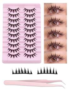 10对自然款假睫毛套装，含睫毛刷和睫毛贴，卡通3D仿貂毛睫毛，柔软卷翘逼真假睫毛条 - 半眼睫毛 - 查看 3