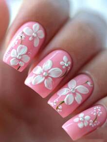 1 Set 5D Floral 3D Nail Stickers, 5D Embossed Fairy French Manicure Nail Decals, Self-Adhesive Plastic Nail Art Decorations, Matte Finish, Botanical Theme, Disposable, Asymmetrical Shapes - 3D Embossed Fairy Style New Chinese Camellia Nail Art Stickers - White - View 6