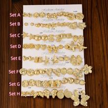 Set de 5 a 40 pares de pendientes chapados en oro con diferentes formas de animales, estrellas de mar, conchas, flores, mariposas, ositos pequeños, adecuados para el uso diario de todas las niñas - #5 Dorado - Ver 2