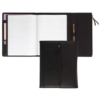 Women Professional Portfolio Resume Organizer With Magnetic Flap Closure And Rose Gold Zipper Black, Letter Size