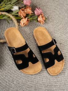 Women's Cork Platform Single Buckle Design Open Toe Slippers - Black - View 6