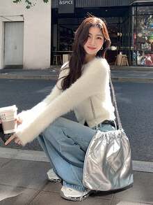 女士圆领开衫毛衣，秋冬新款，娇小休闲叠穿上衣 - 杏色 - 查看 6