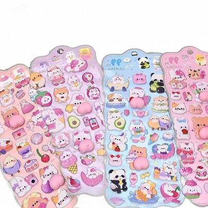 可爱桃子挤压减压贴纸，卡通动物装饰贴纸，可用于日记、DIY、减压 - 超可爱灰色独角兽和小熊，质地柔软，非常适合贴在手机上以缓解压力